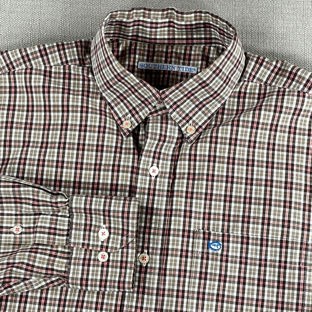 Southern Tide Button Down Shirt Mens Med Brown Pink Plaid Long Sleeve‎ Skipjack